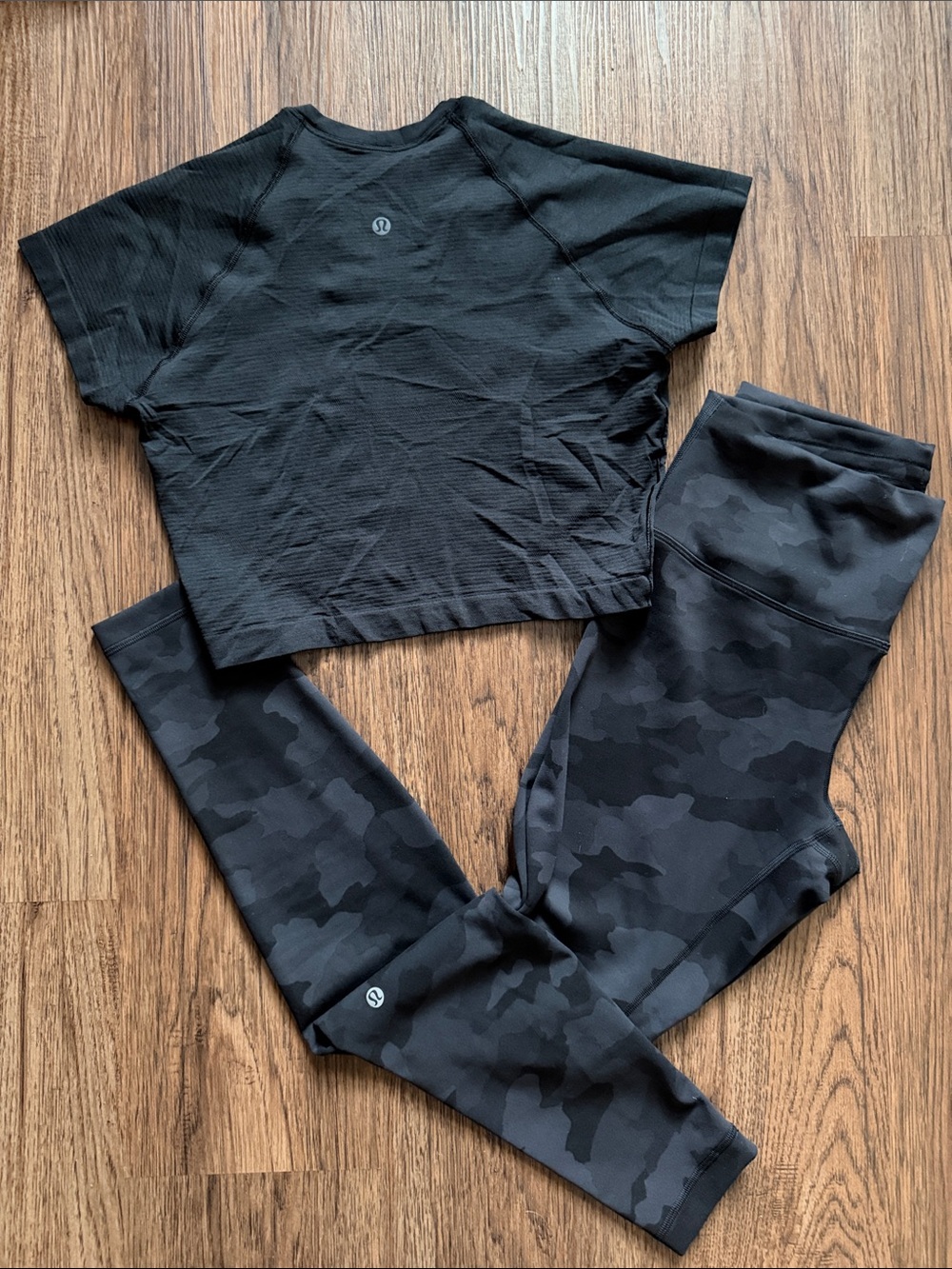 lululemon athletica Black Cropped Top & Black Camo Leggings Set
